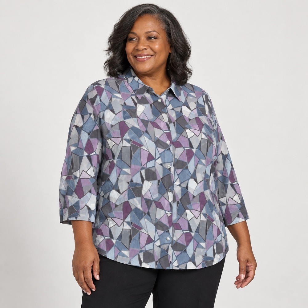Alfred Dunner Woman 20W Geometric Mosaic Print Button Up Blouse 3/4 Sleeve Blue